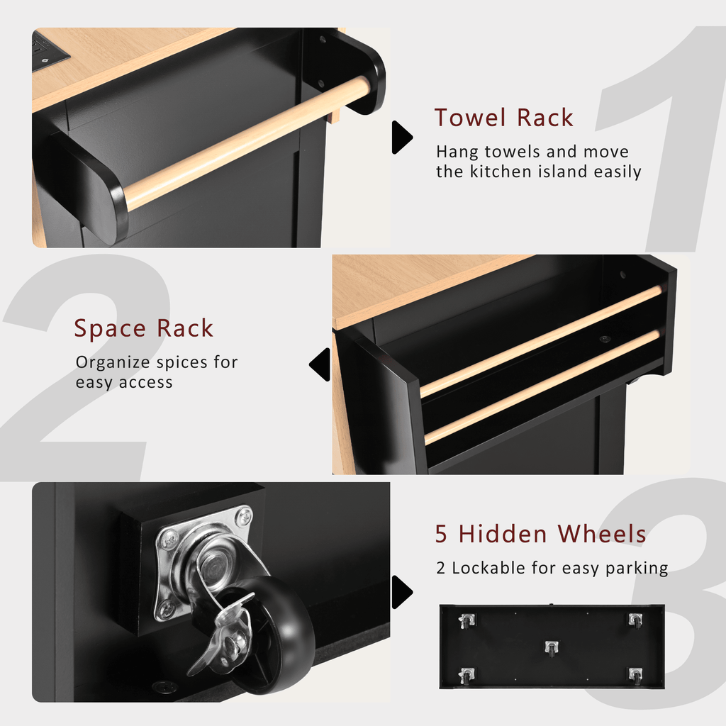 Black laminate kitchen island cart from Anthony & Home with storage shelves and a spacious countertop.