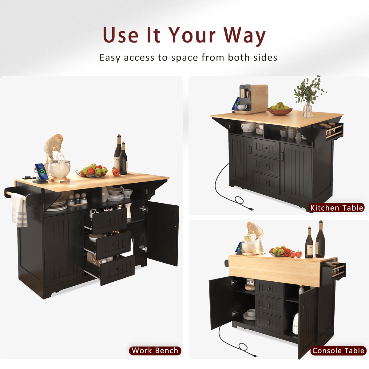 Anthony & Home Signature Edition black laminate kitchen island cart with storage drawers and shelves.