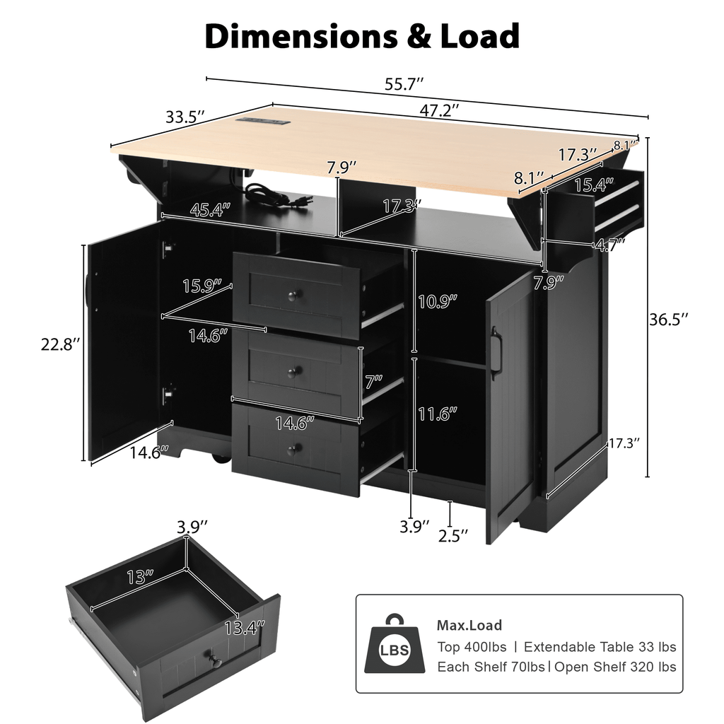 Anthony & Home Signature Edition black laminate kitchen island cart with storage and countertop, shown with drawers and shelves.