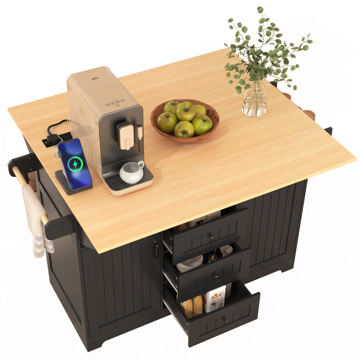 Anthony & Home Signature Edition black laminate kitchen island cart with storage and stainless steel accents.
