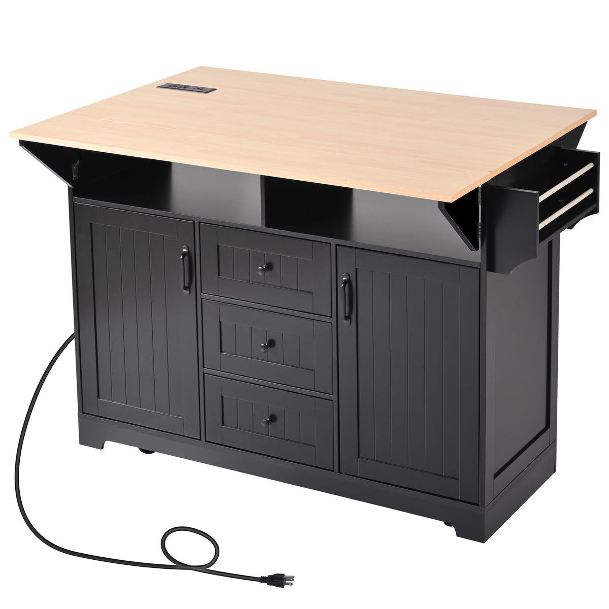 Anthony & Home Signature Edition black laminate kitchen island cart with storage and stainless steel accents.