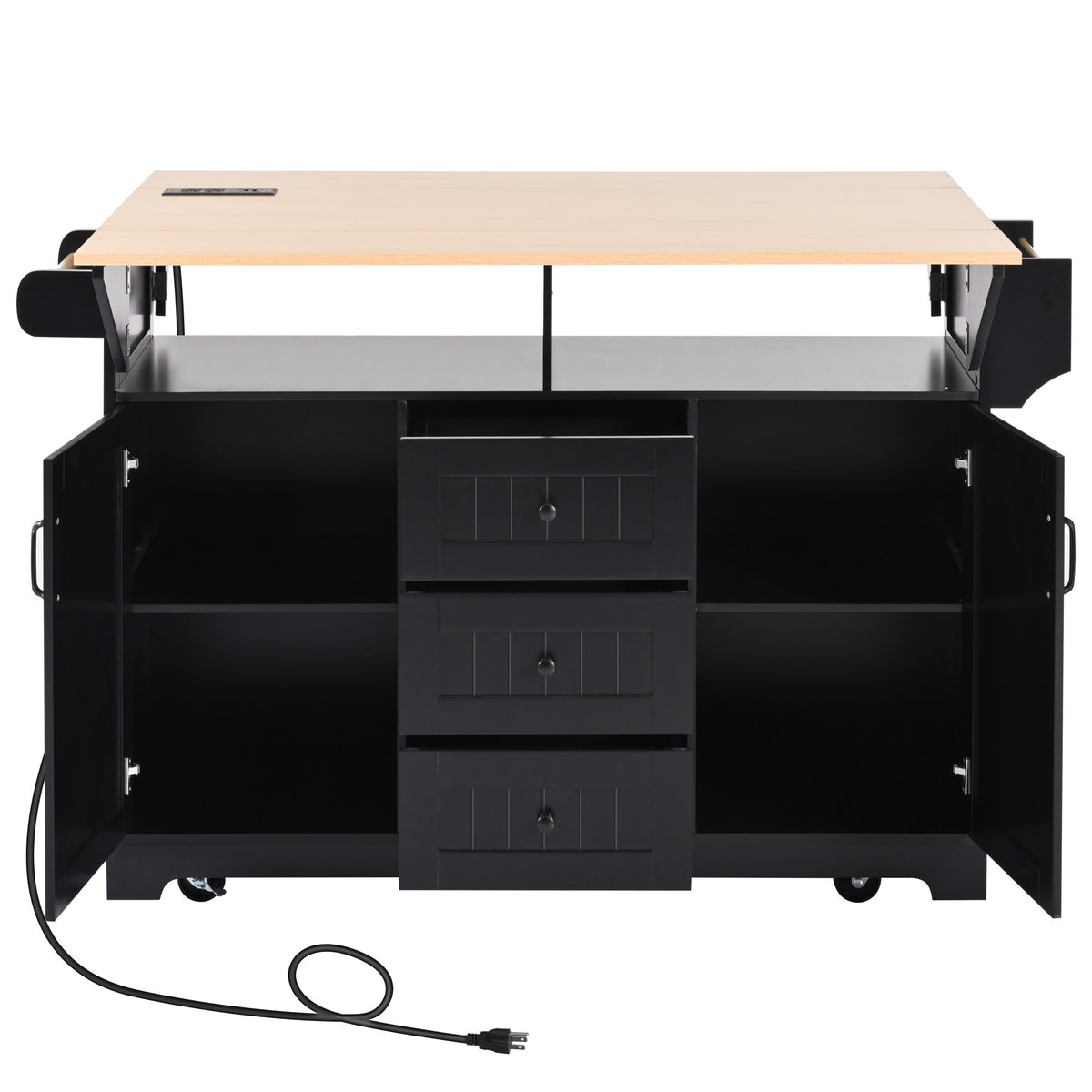 Anthony & Home Signature Edition black laminate kitchen island cart with storage and wheels, showcasing a modern kitchen furniture piece.