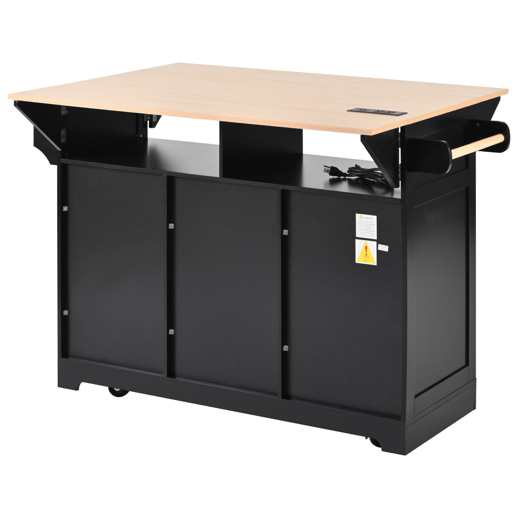 Black laminate kitchen island cart with storage shelves and wheels from Anthony & Home Signature Edition.