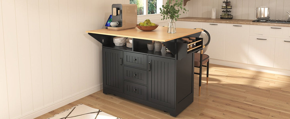Anthony & Home Signature Edition black laminate kitchen island cart with storage and wheels, featuring a sleek modern design.