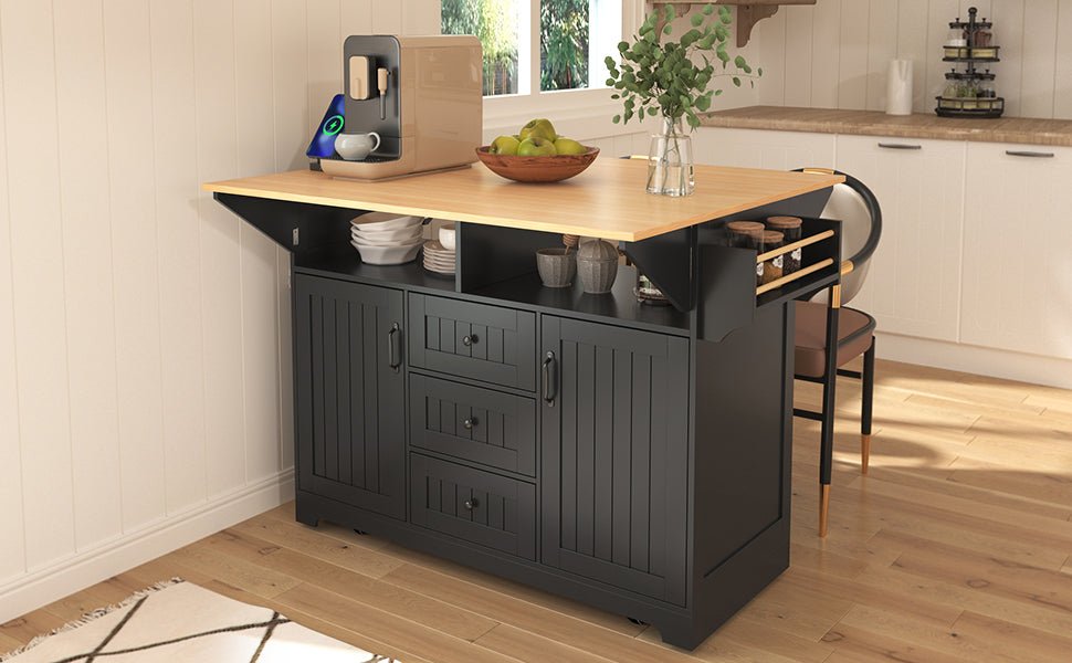 Black laminate kitchen island cart by Anthony & Home, featuring a spacious countertop and storage shelves.