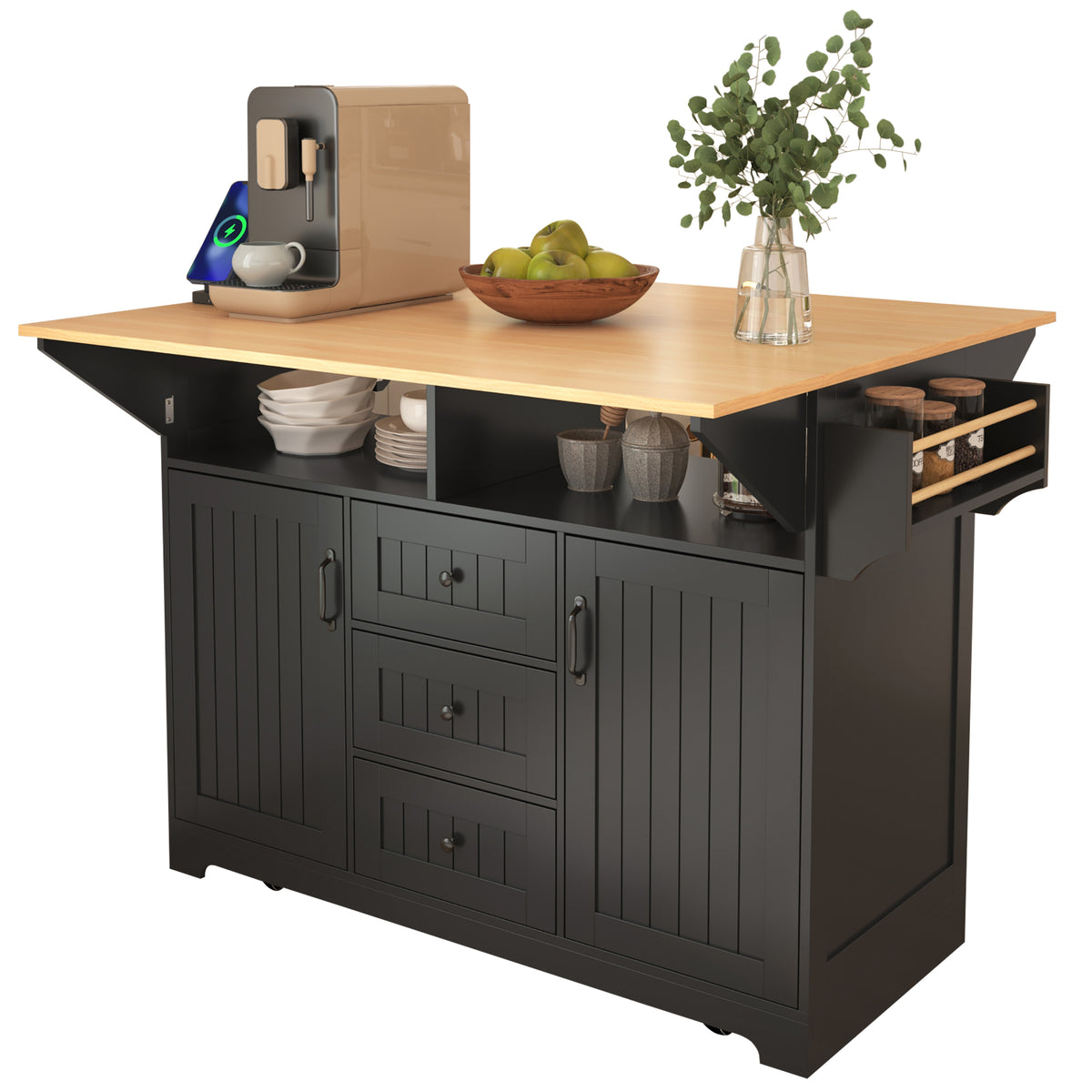 Black laminate kitchen island cart from Anthony & Home's Signature Edition, featuring storage shelves and a spacious countertop.