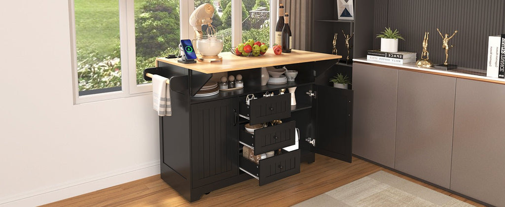 Black laminate kitchen island cart from Anthony & Home's Signature Edition, featuring storage shelves and a spacious work surface.
