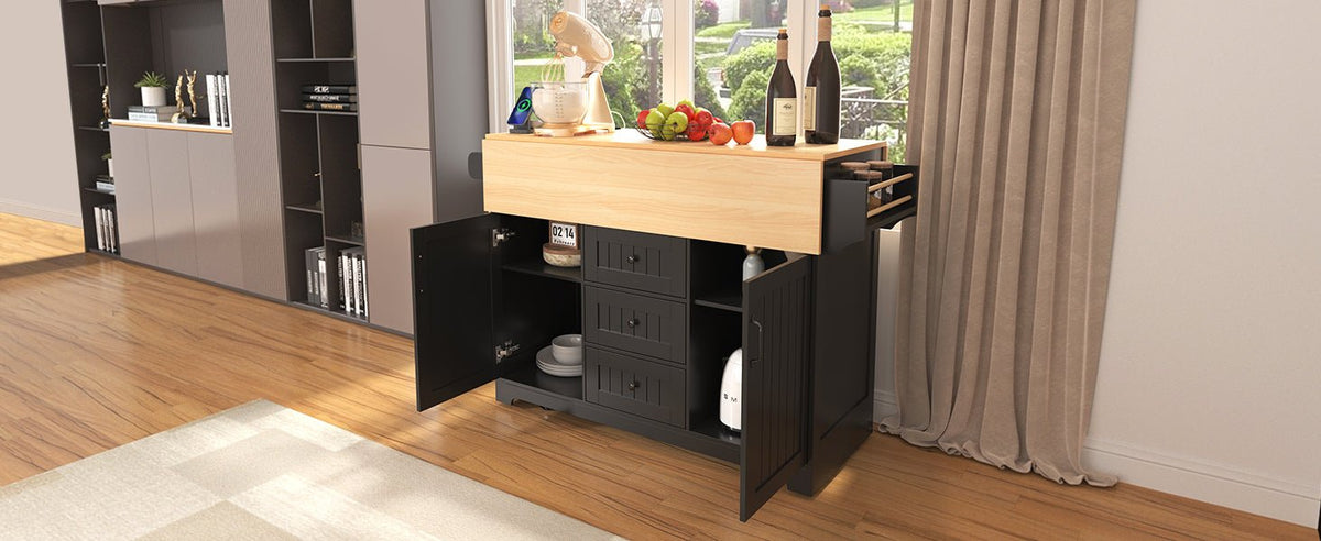 Anthony & Home Signature Edition black laminate kitchen island cart with storage and wheels, modern and functional for kitchen use.