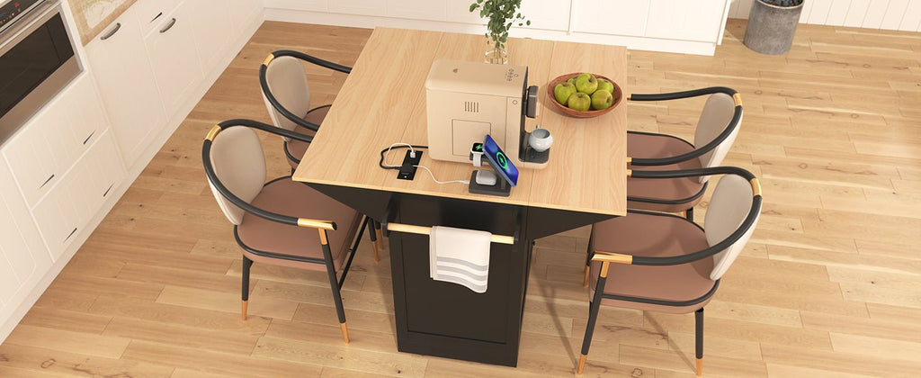 Anthony & Home Signature Edition black laminate kitchen island cart with storage drawers and spacious countertop.