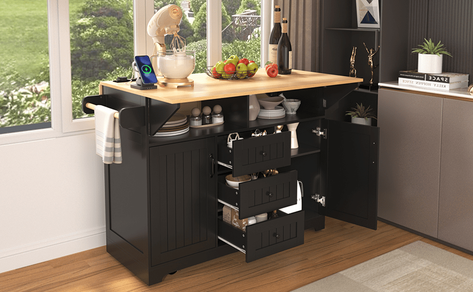 Anthony & Home Signature Edition black laminate kitchen island cart with storage shelves and a sturdy surface.
