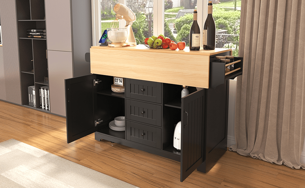 Anthony & Home Signature Edition black laminate kitchen island cart with storage and countertop space.