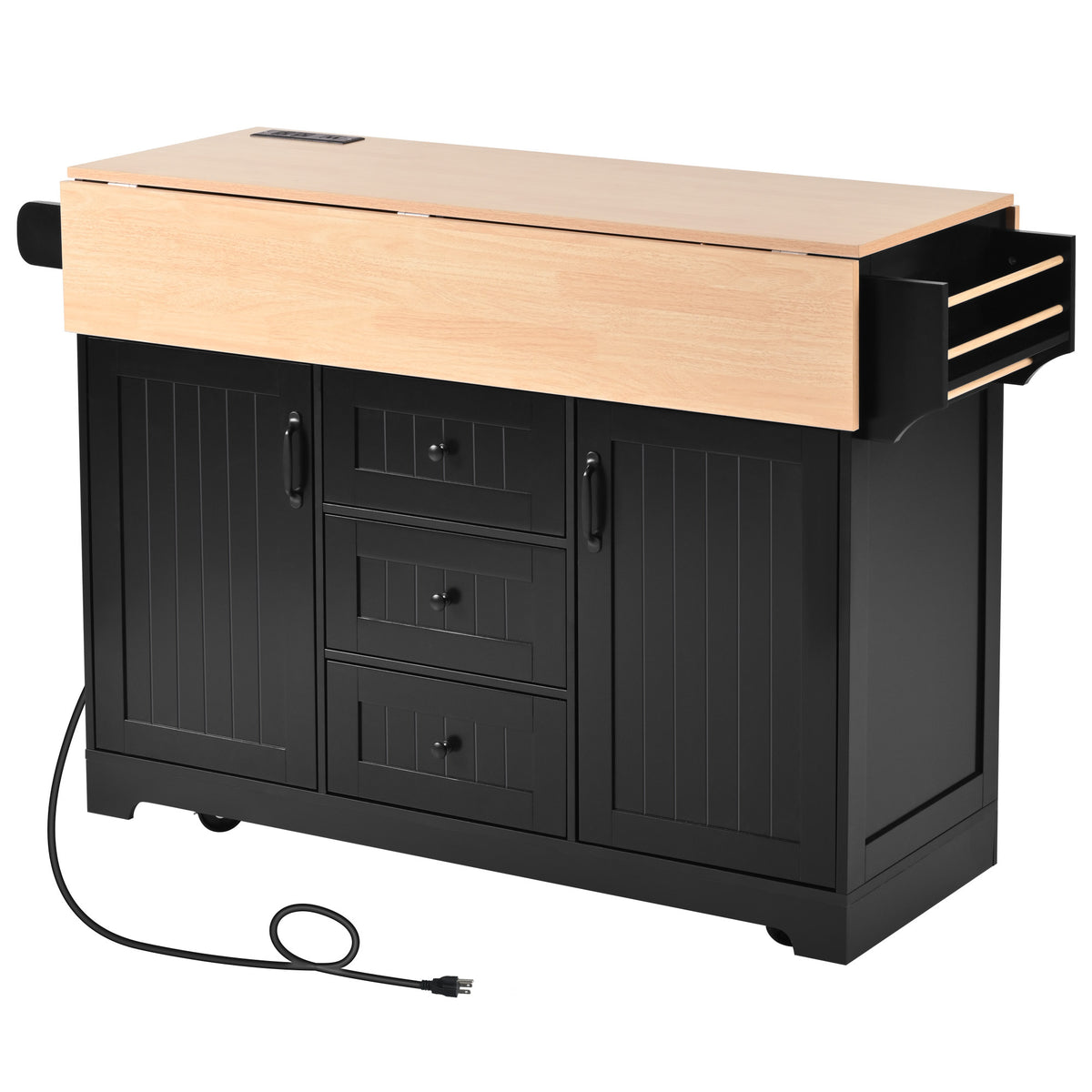 Black laminate kitchen island cart by Anthony & Home with storage shelves and a sturdy countertop.