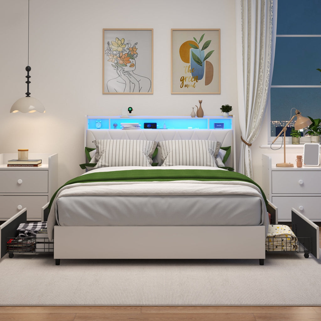 Anthony & Home Signature Edition queen bed frame with faux leather upholstery, metal base, ergonomic headboard, and integrated LED lighting.