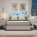 Anthony & Home Signature Edition queen bed frame with faux leather upholstery, metal base, ergonomic headboard, and integrated LED lighting.