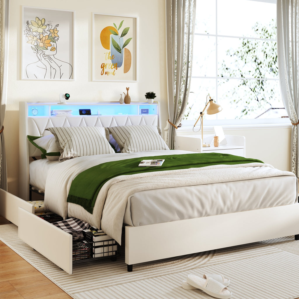 Anthony & Home Signature Edition queen bed frame with faux leather upholstery, metal base, ergonomic headboard, and integrated LED lights.