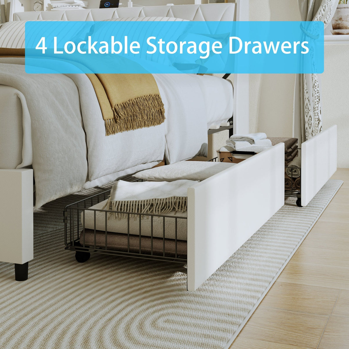Anthony & Home Signature Edition queen bed frame with faux leather upholstery, metal base, ergonomic headboard, and integrated LED lighting.
