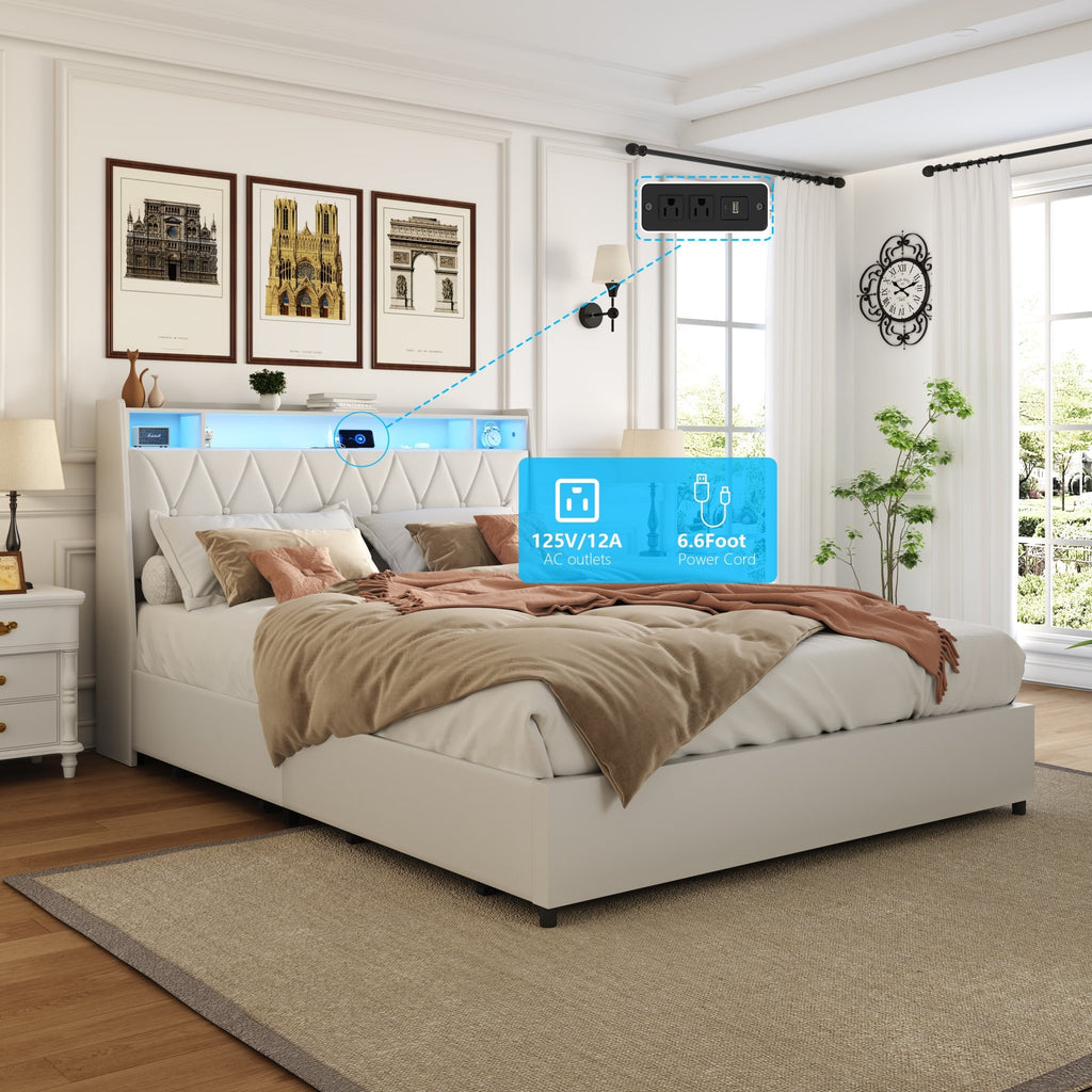 Anthony & Home Signature Edition queen bed frame with faux leather upholstery, metal base, ergonomic headboard, and built-in LED lighting.