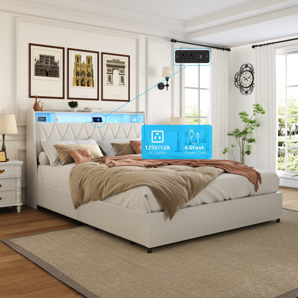 Anthony & Home Signature Edition queen bed frame with faux leather upholstery, metal base, ergonomic headboard, and built-in LED lighting.