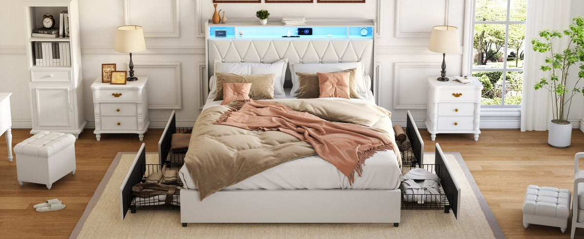 Anthony & Home Signature Edition queen bed frame with faux leather upholstery, metal base, ergonomic headboard, and integrated LED lighting.