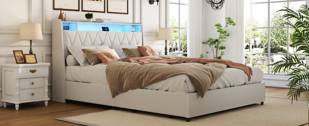 Anthony & Home Signature Edition queen bed frame with faux leather upholstery, metal base, ergonomic headboard, and integrated LED lighting.