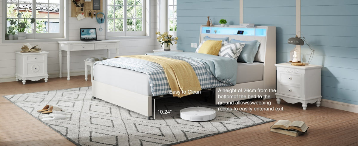 Anthony & Home Signature Edition queen bed frame with faux leather upholstery, metal base, ergonomic headboard, and LED lighting.
