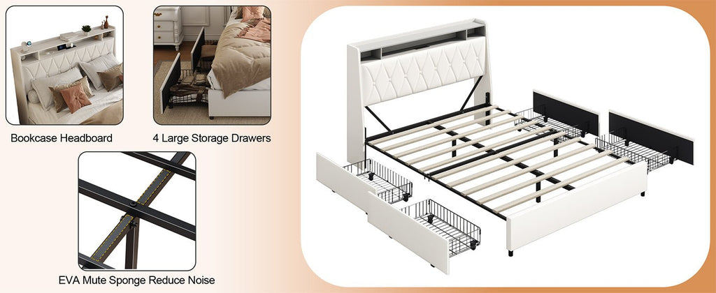 Anthony & Home Signature Edition queen bed frame with faux leather upholstery, metal base, ergonomic headboard, and LED lighting.