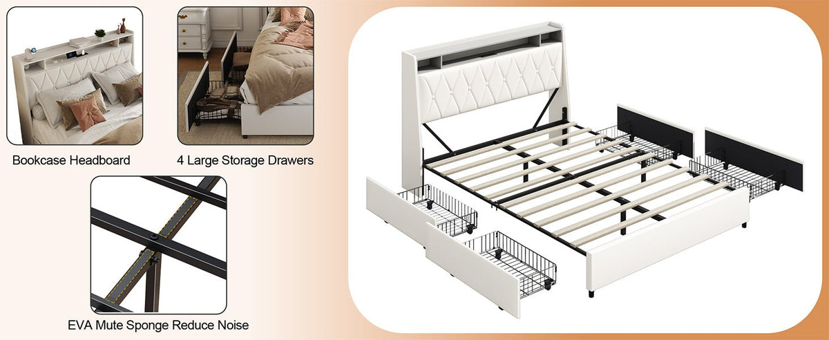 Anthony & Home Signature Edition queen bed frame with faux leather upholstery, metal base, ergonomic headboard, and LED lighting.