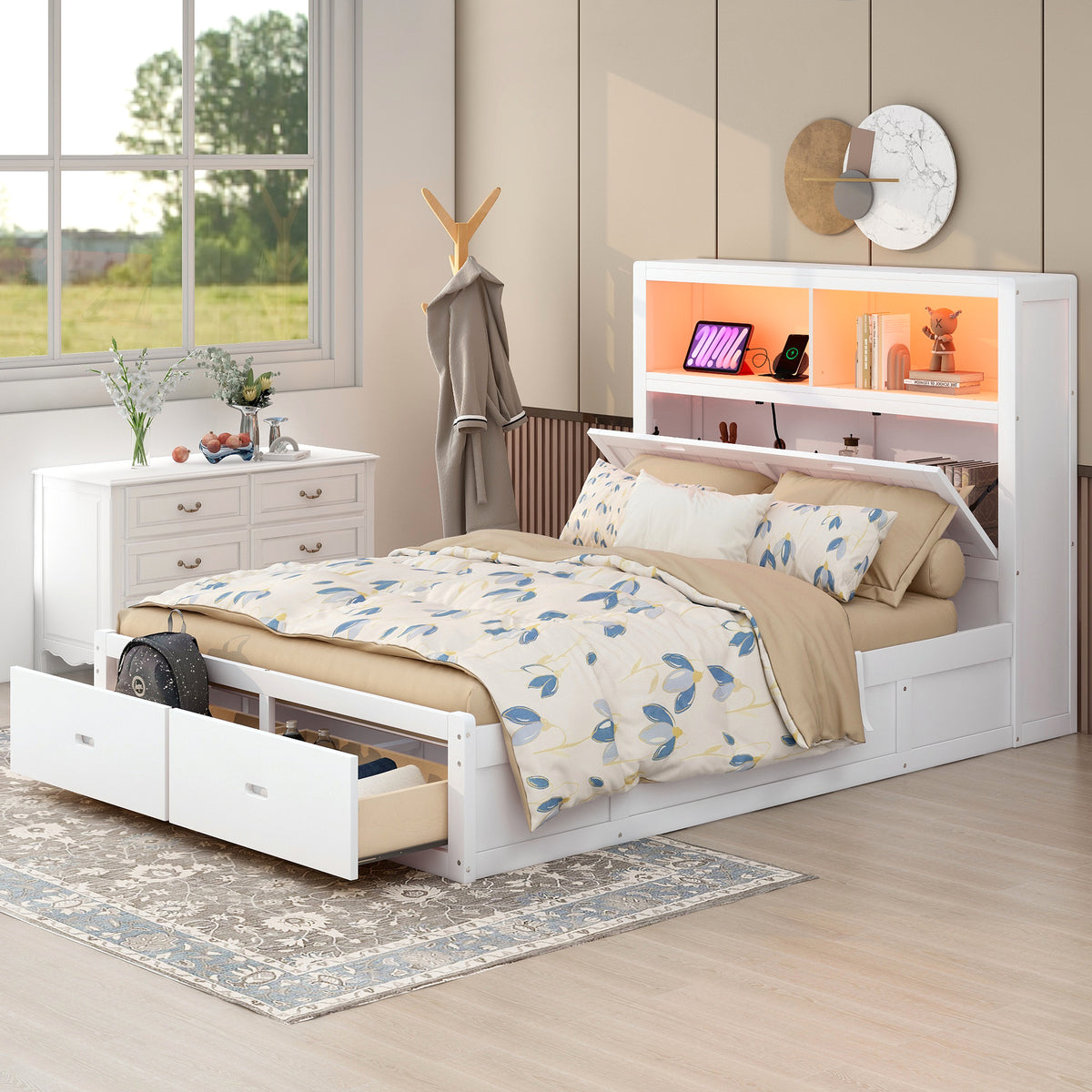 Anthony & Home Signature Edition solid wood queen platform bed with LED headboard, storage drawers, and USB charging ports.