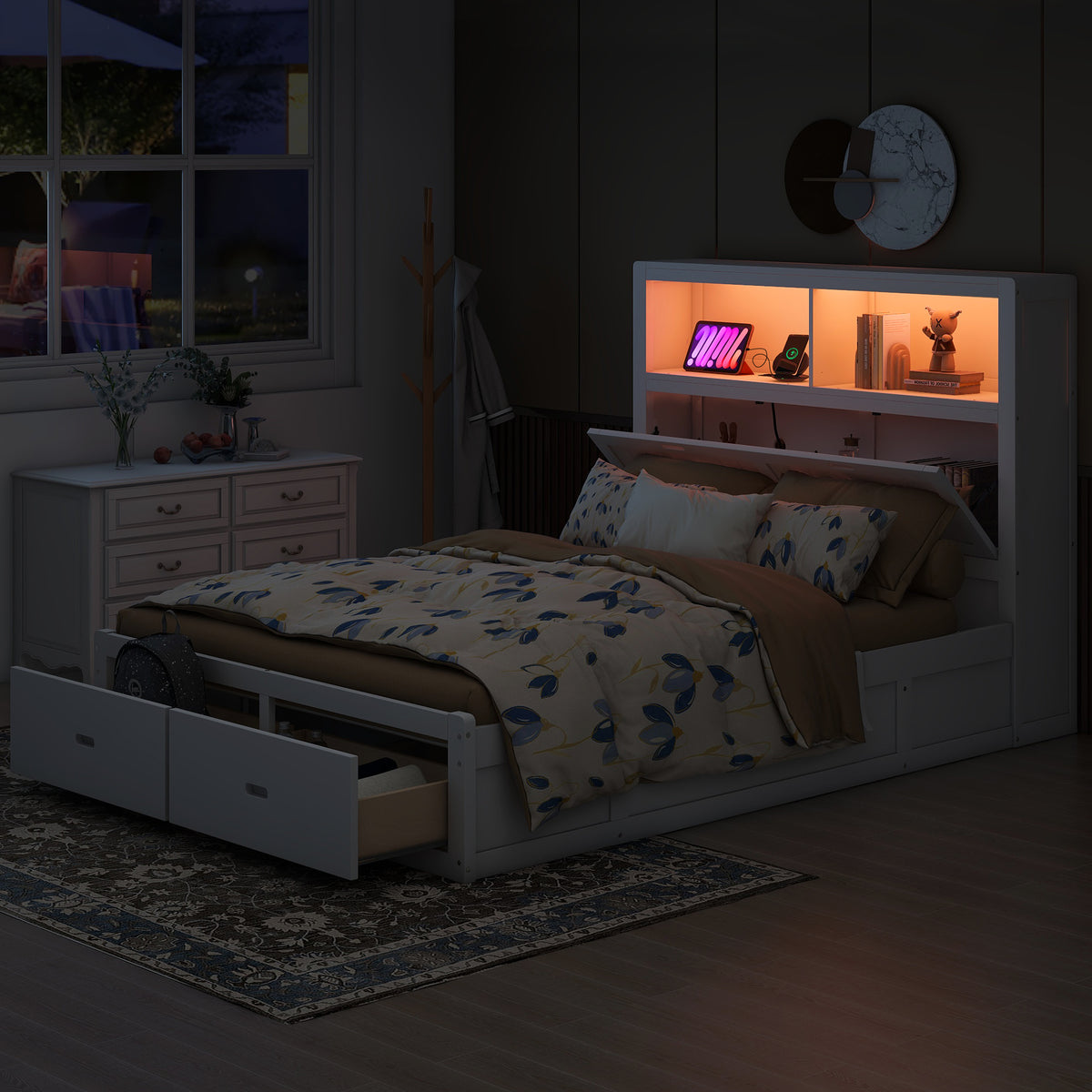 Anthony & Home Signature Edition solid wood queen platform bed with LED headboard, storage drawers, and USB charging ports.