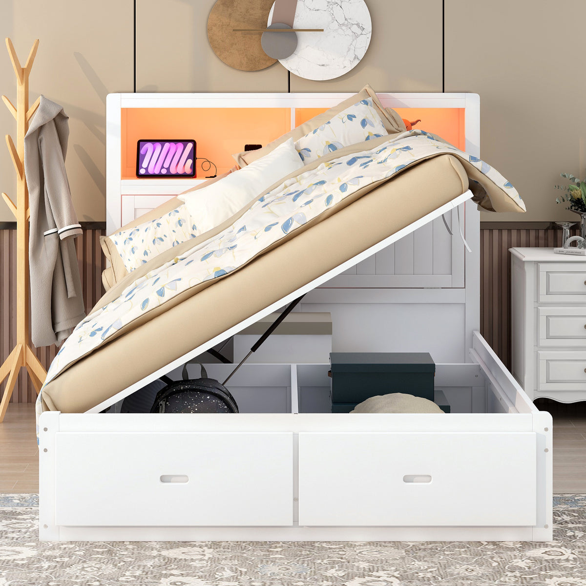 Anthony & Home Signature Edition solid wood queen platform bed with LED headboard, storage drawers, and USB charging ports.