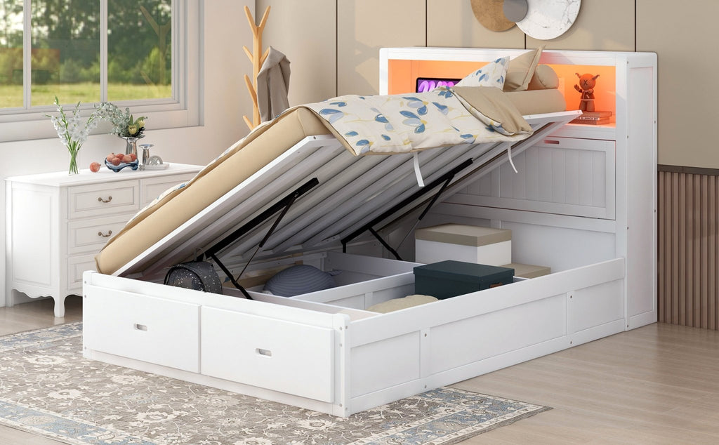 Anthony & Home Signature Edition solid wood queen platform bed with LED headboard, storage drawers, and built-in USB charging ports.