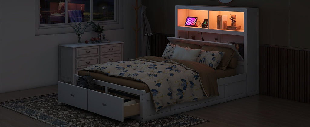 Anthony & Home Signature Edition solid wood queen platform bed with LED headboard, storage drawers, and USB charging ports.