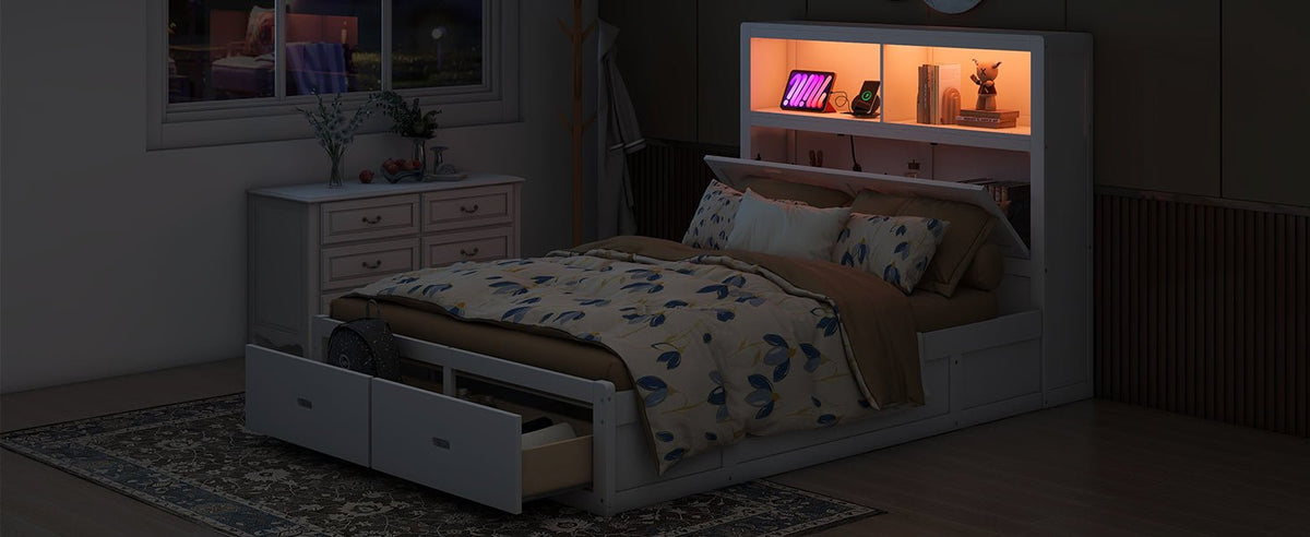 Anthony & Home Signature Edition solid wood queen platform bed with LED headboard, storage drawers, and USB charging ports.
