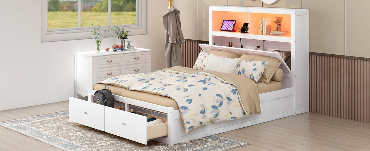 Anthony & Home Signature Edition solid wood queen platform bed with LED headboard, storage drawers, and USB charging ports.