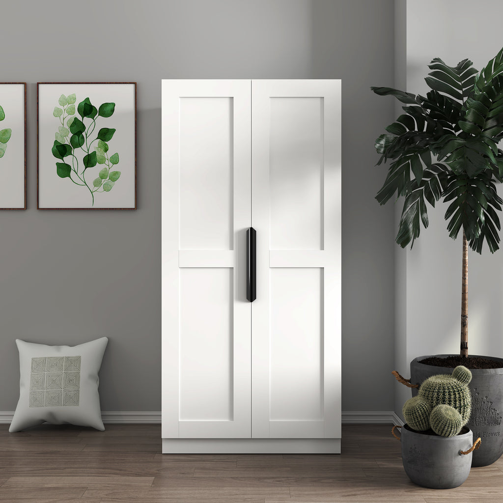 White Signature Edition Kitchen Pantry Cabinet by Anthony & Home with melamine finish, showcasing a spacious storage unit with doors.