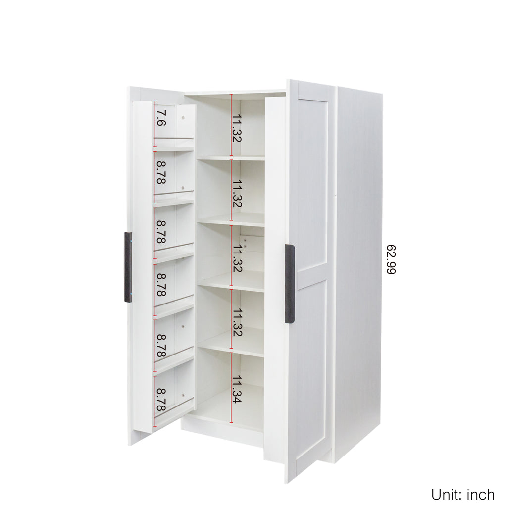 Anthony & Home Signature Edition white kitchen pantry cabinet with melamine finish, showcasing its storage shelves and sleek design.