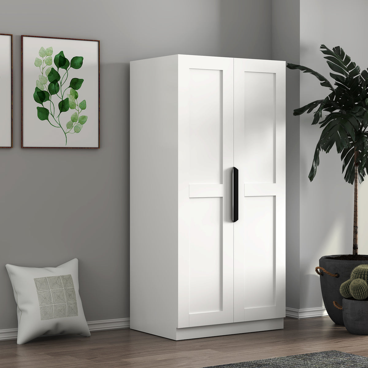 White Anthony & Home Signature Edition kitchen pantry cabinet made of melamine, featuring adjustable shelves and sleek design.