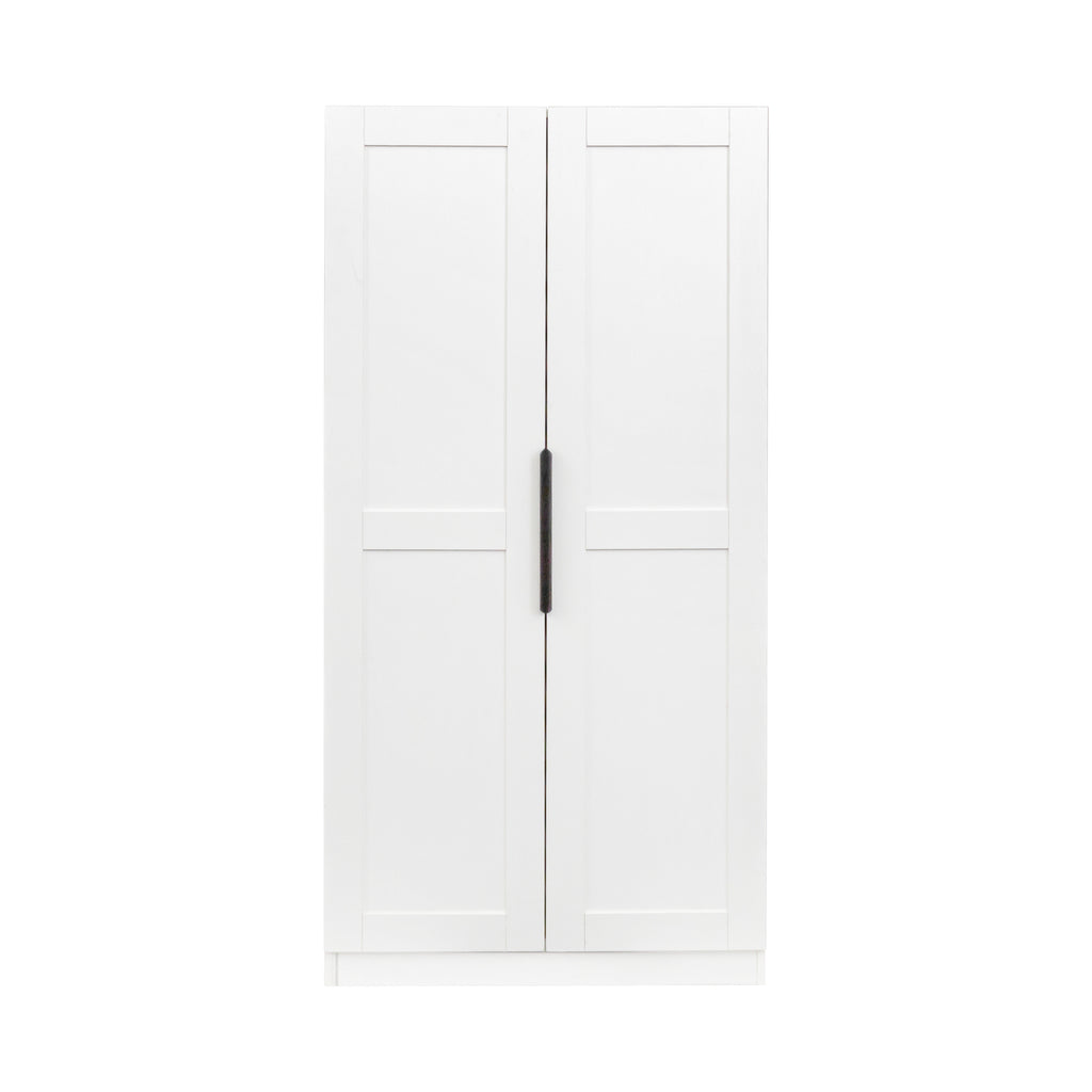 White Signature Edition kitchen pantry cabinet by Anthony & Home with melamine finish, featuring multiple shelves for storage.