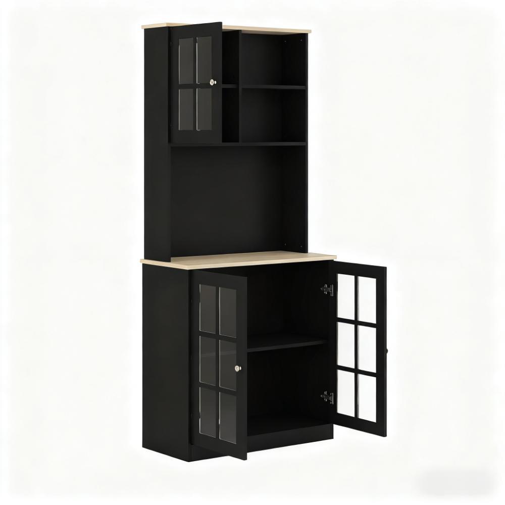 Anthony & Home Signature freestanding pantry cabinet with glass doors, showcasing interior shelving and elegant design.