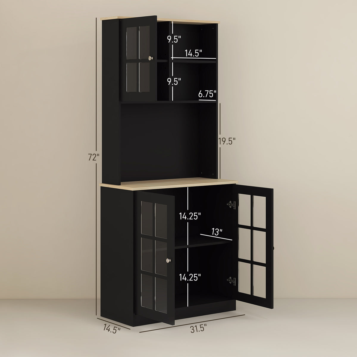 Anthony & Home Signature freestanding pantry cabinet with glass doors, featuring multiple shelves for kitchen storage.
