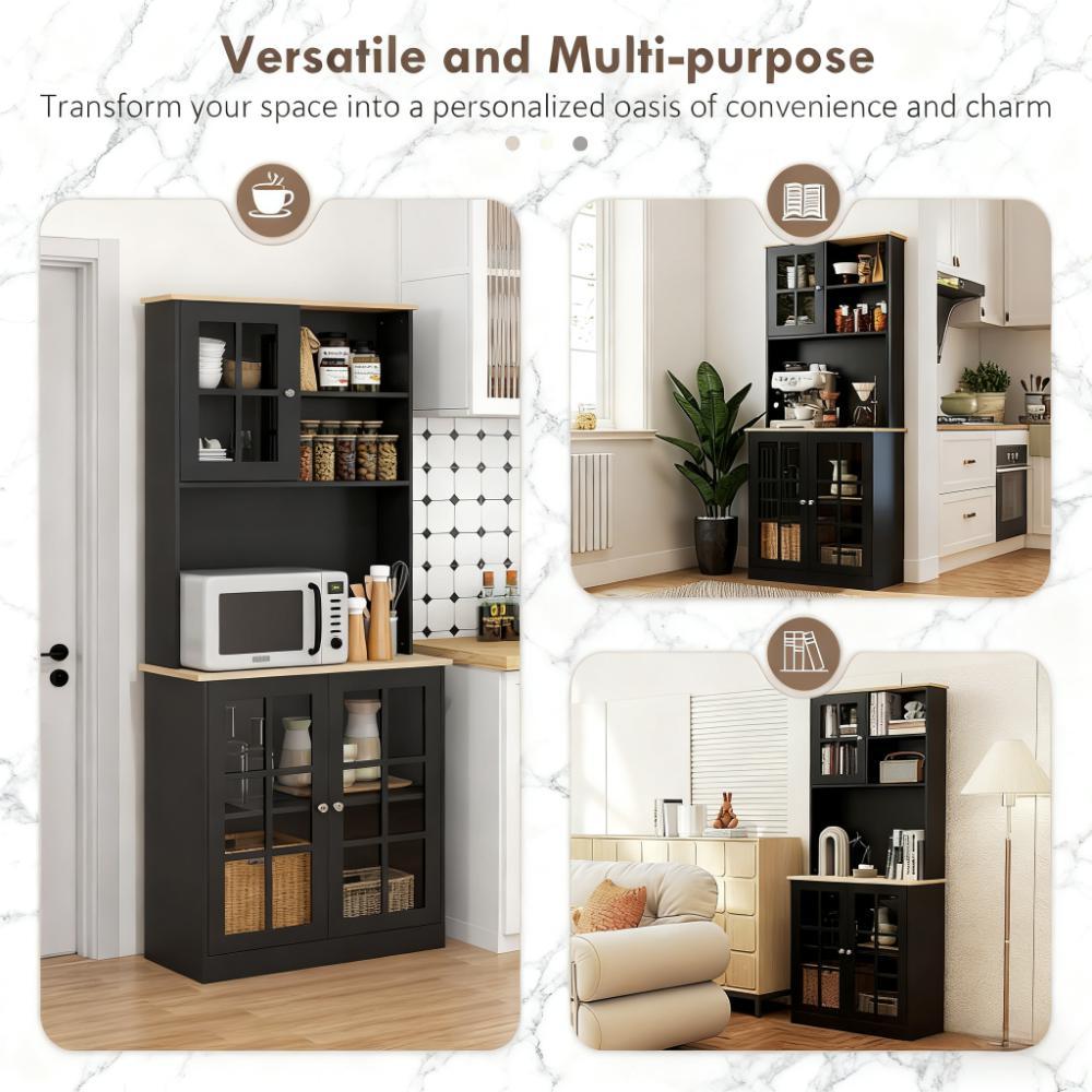 Anthony & Home Signature freestanding pantry cabinet with glass doors, showcasing storage shelves and clear glass panels.