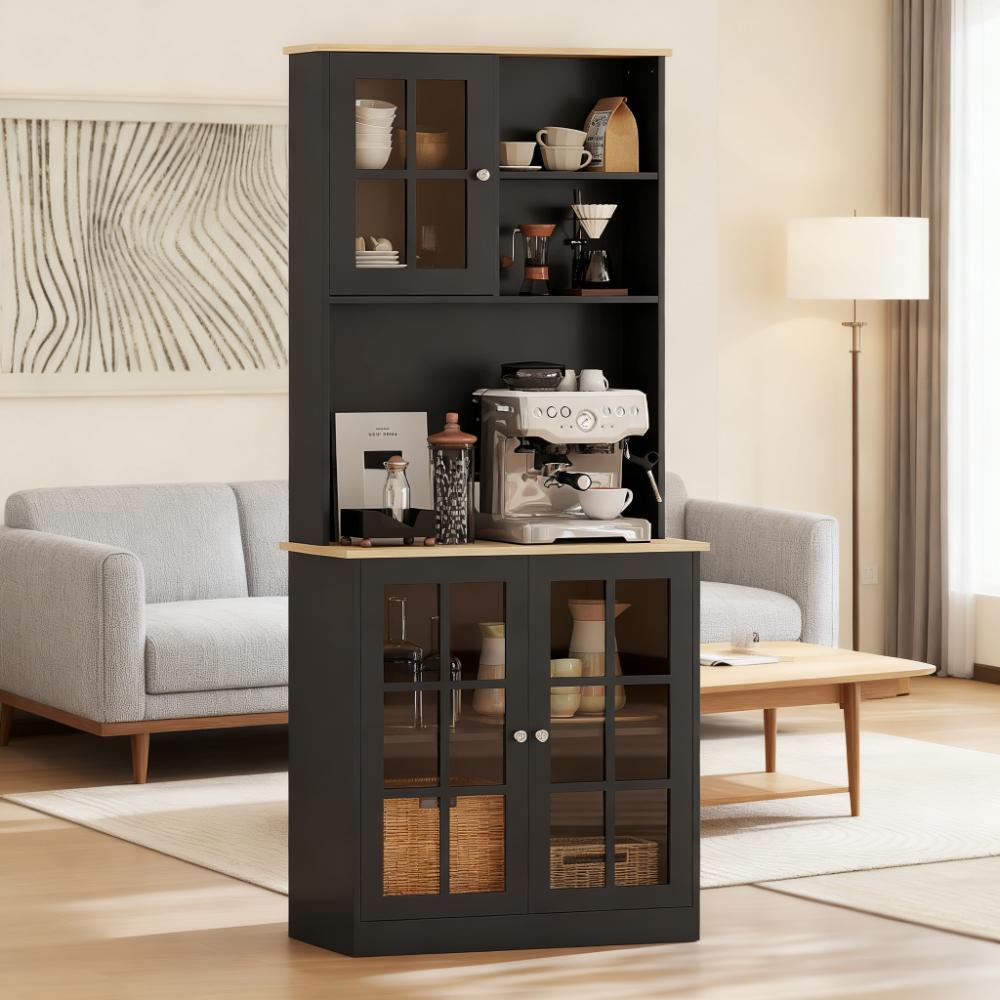 Anthony & Home Signature freestanding pantry cabinet with glass doors, showcasing organized storage and elegant kitchen furniture.