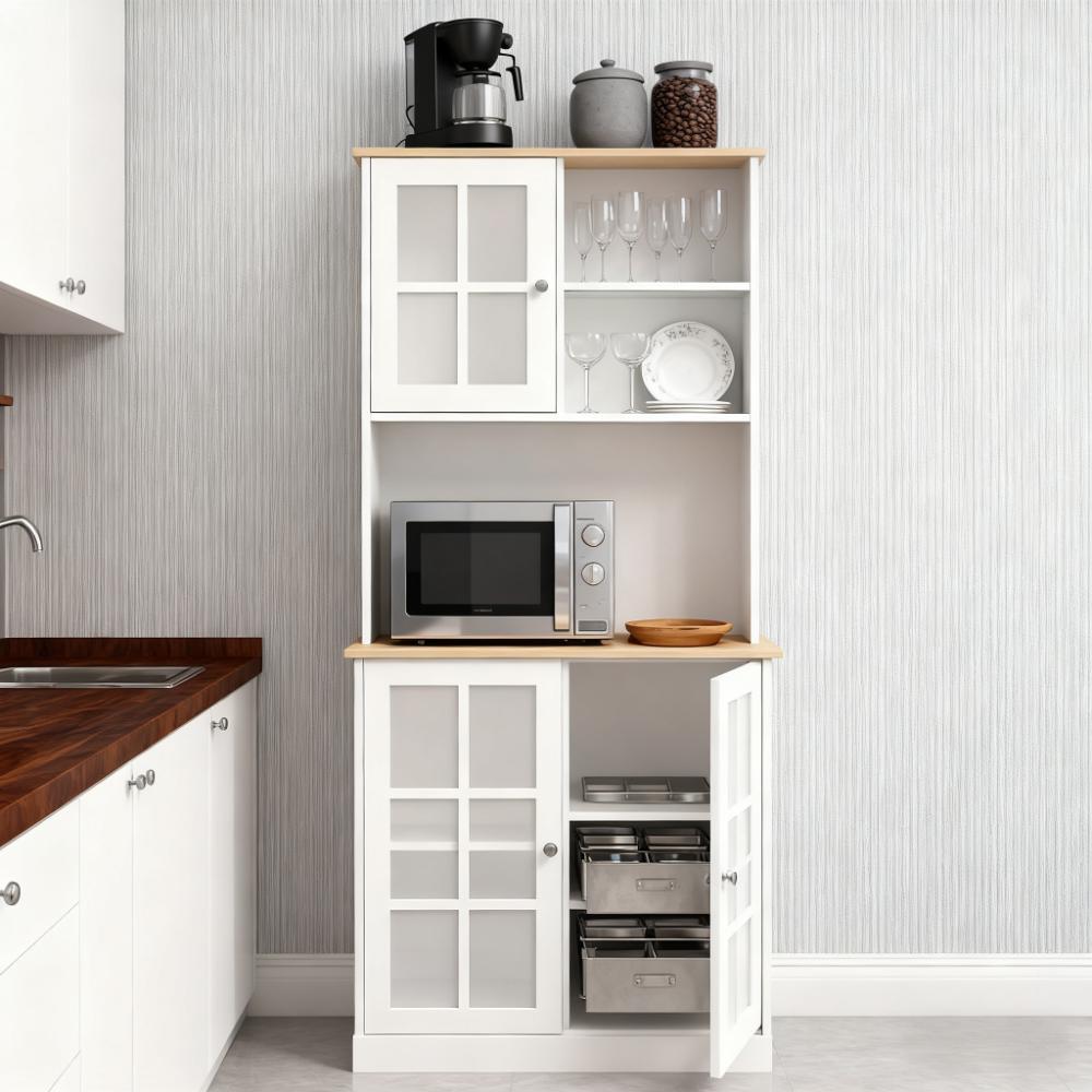 Anthony & Home Signature glass doors kitchen pantry cabinet with adjustable shelves and hutch, freestanding design.