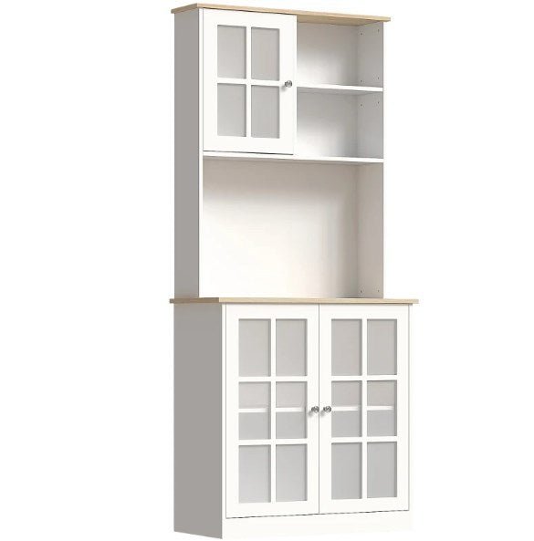 Anthony & Home signature glass door kitchen pantry cabinet with adjustable shelves, freestanding design and hutch for versatile storage.