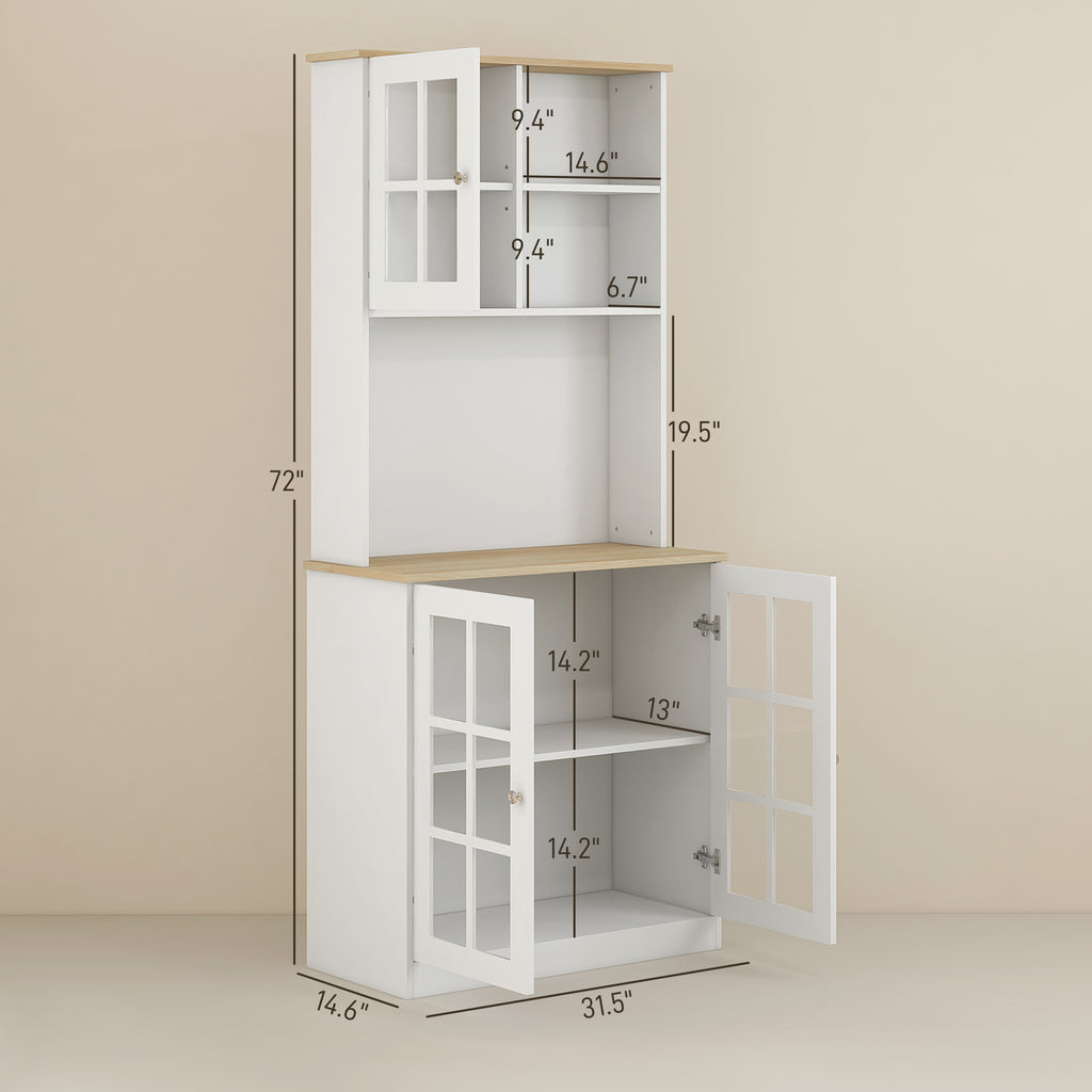 Anthony & Home Signature glass doors kitchen pantry cabinet with hutch and adjustable shelves, freestanding for versatile storage.