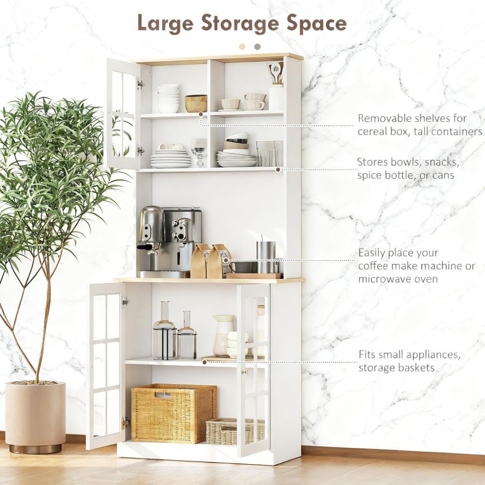 Anthony & Home signature glass door kitchen pantry cabinet with adjustable shelves and hutch, freestanding design.
