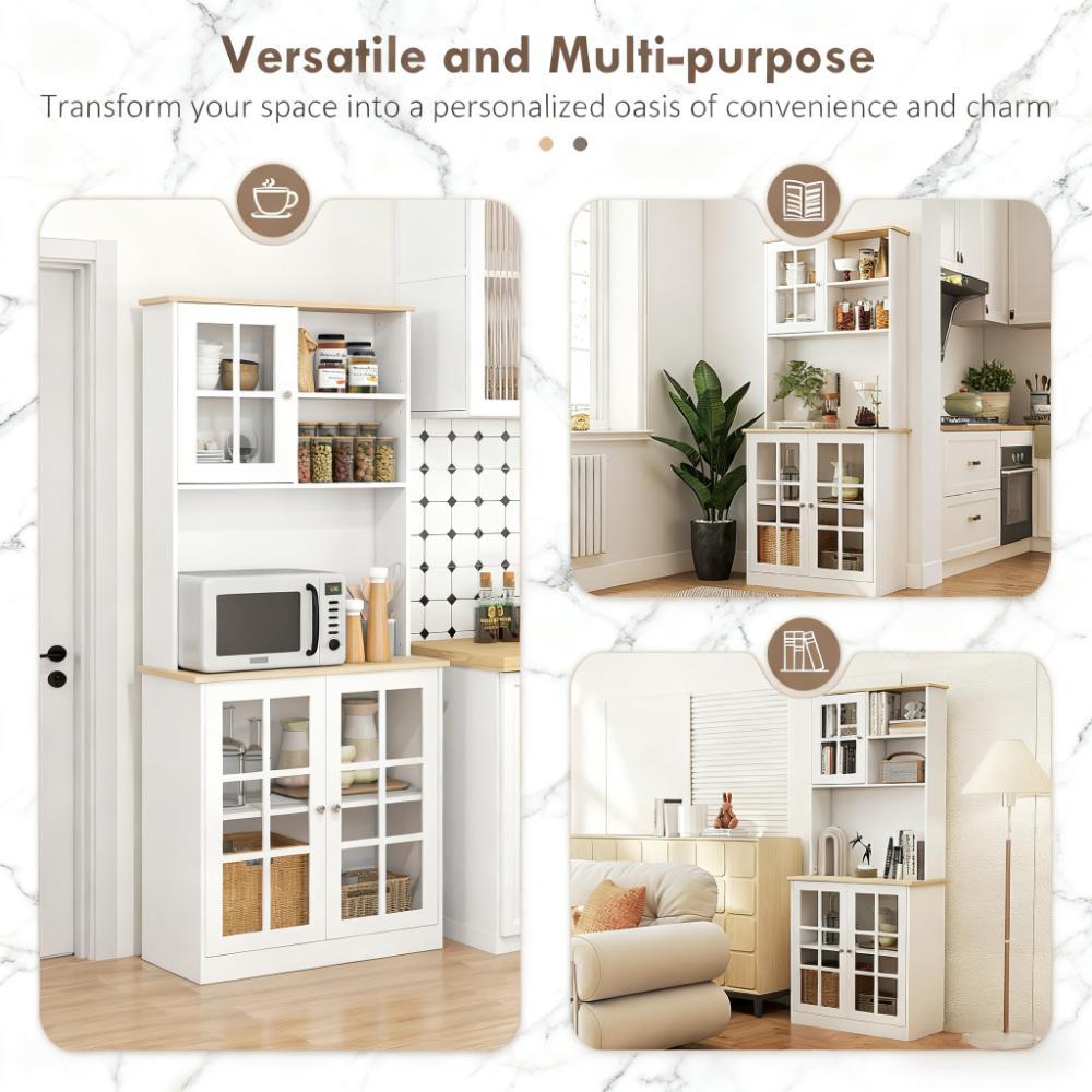 Anthony & Home signature glass doors kitchen pantry cabinet with hutch and adjustable shelves, freestanding kitchen storage unit.