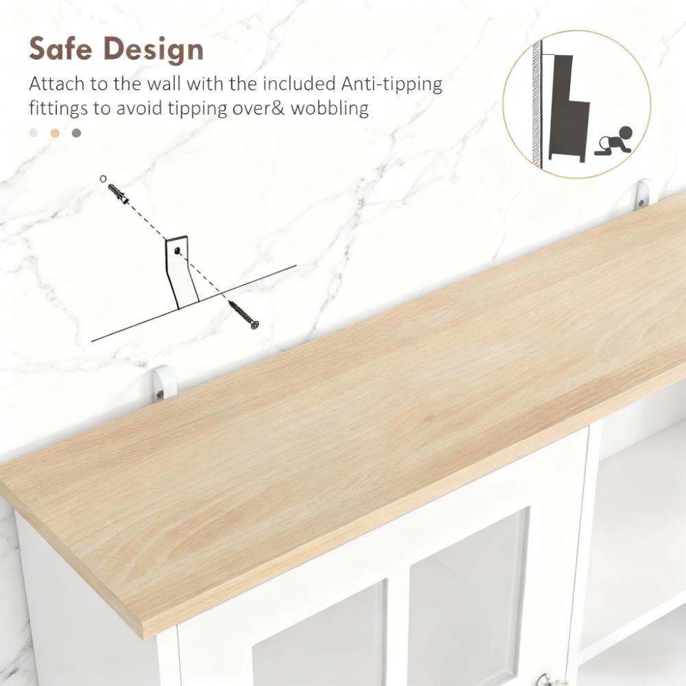 Anthony & Home Signature glass doors kitchen pantry cabinet with hutch and adjustable shelves, freestanding for versatile storage.