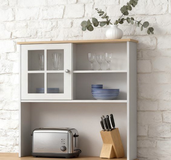 Anthony & Home signature glass doors kitchen pantry cabinet with adjustable shelves and hutch, freestanding design, modern storage solution.