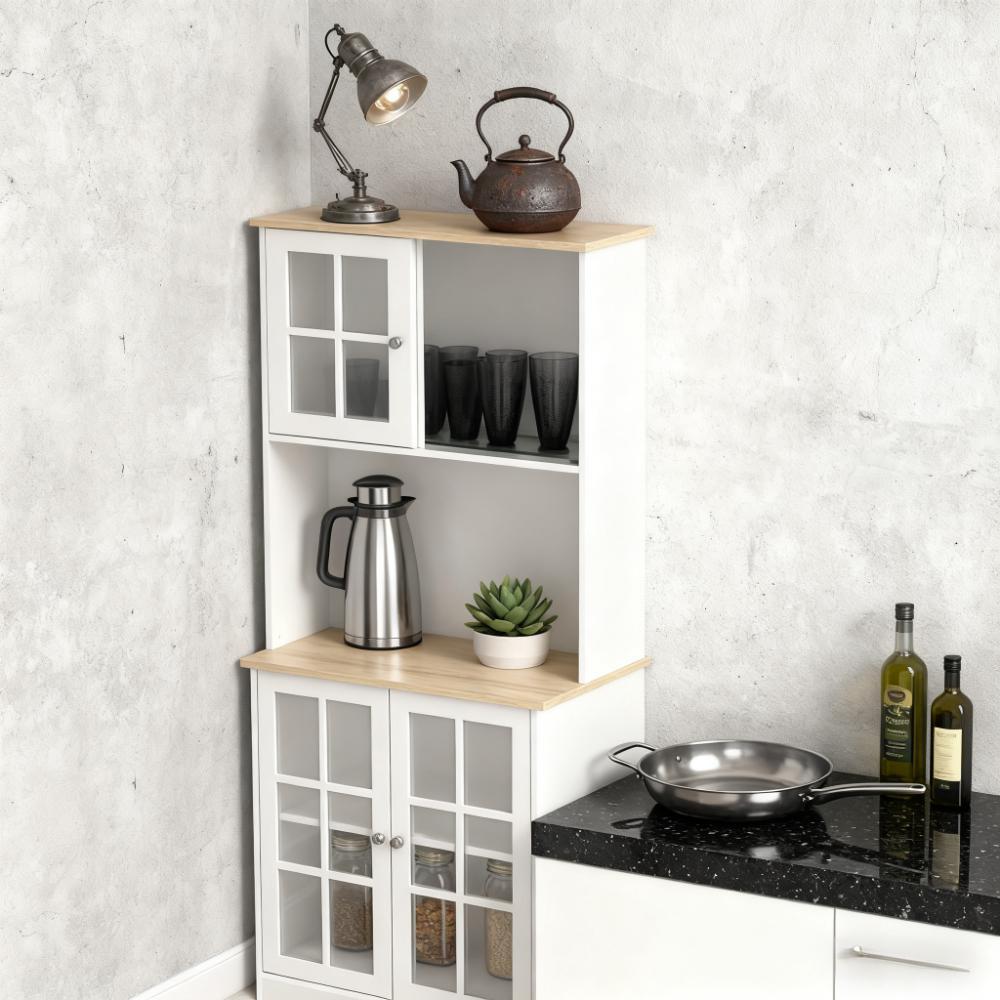 Anthony & Home signature glass doors kitchen pantry cabinet with hutch and adjustable shelves, freestanding kitchen storage unit.